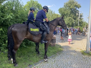 policjanci na koniach stoją za zaparkowanym radiowozem, patrzą w stronę stojących przed przejściem dla pieszych pielgrzymów