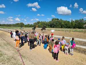 grupa dzieci ogląda pokaz koni służbowych, w tle koń skacze przez przeszkodę