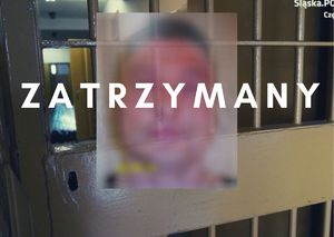 zdjęcie zatrzymanego na tle kraty - na górze napis: Zatrzymany