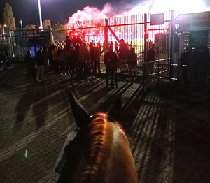 na pierwszym planie koński łeb, w tle brama do stadionu, na stadionie widać czerwone światło z odpalonej racy