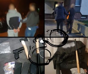kolaż z 4 zdjęć - na 2 zdjęciach nieumundurowany policjant prowadzi zatrzymanego, na dwóch pozostałych zabezpieczone kije bejsbolowe i przedmiot przypominający broń
