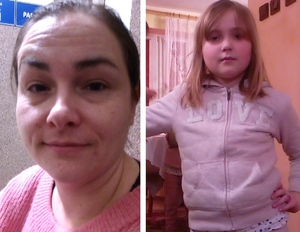 na zdjęciu zaginiona Marta Marczak - zbliżenie na twarz oraz obok na zdjęciu jej córka w różowej bluzie pozuje do zdjęcia