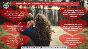 plakat - przytulająca się para, w tle czerwone serca z ostrzeżeniami przed oszustami