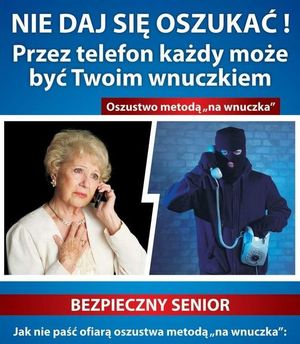 Plakat informacyjny, który przedstawia seniorkę, która rozmawia przez telefon