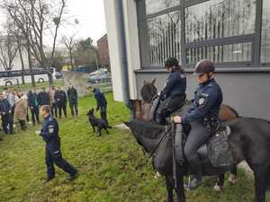 Policyjni jeźdźcy siedzą na koniach, a policjant rozmawia z młodzieżą- obok pies służbowy ze swoim przewodnikiem