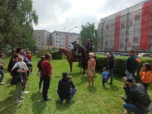 Policjanci na koniach otoczeni dziećmi i dorosłymi osobami