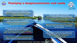 Plakat informacyjny z napisami, które przekazują porady dotyczące bezpieczeństwa nad wodą