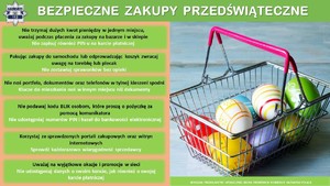 Plakat przedstawiający koszyk z zakupami a przy nim napisy z policyjnymi poradami