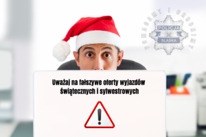 Plakat przedstawiający Mikołaja, który patrzy zza zasłony a pod nim napis: Uważaj na fałszywe oferty świąteczne i sylwestrowe