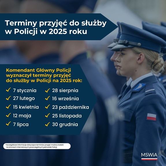 Plakat z policjantami na którym widnieją terminy przyjęć do Policji