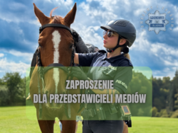 Policjantka w umundurowaniu służbowym stoi na łące obok konia