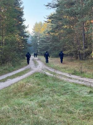 Policjanci idą duktem leśnym