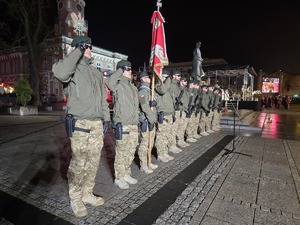 Żołnierze przed pomnikiem oddają honor