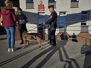 Policjanci z psem służbowym kontrolują kobietę, która wchodzi do komendy