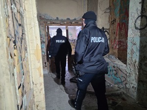 Policjanci kontrolują pomieszczenia pustostanu