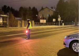 Policjant stoi na drodze z latarką, obok zaparkowany radiowóz