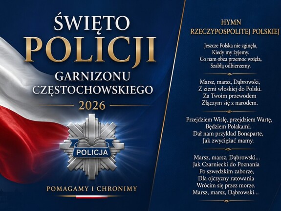Plakat informacyjny z flagą Polski i policyjnym logo