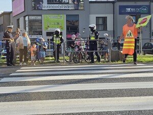 Przejście dla pieszych przy którym stoją piesi i policjanci